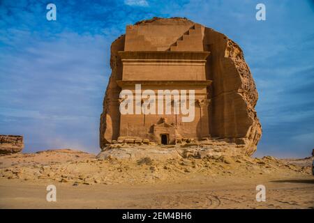 Mada'in Saleh also called 'Al-Hijr' or 'Hegra', is an archaeological site located in the Sector of Al-`Ula within Al Madinah Region, the Hejaz, Saudi Stock Photo